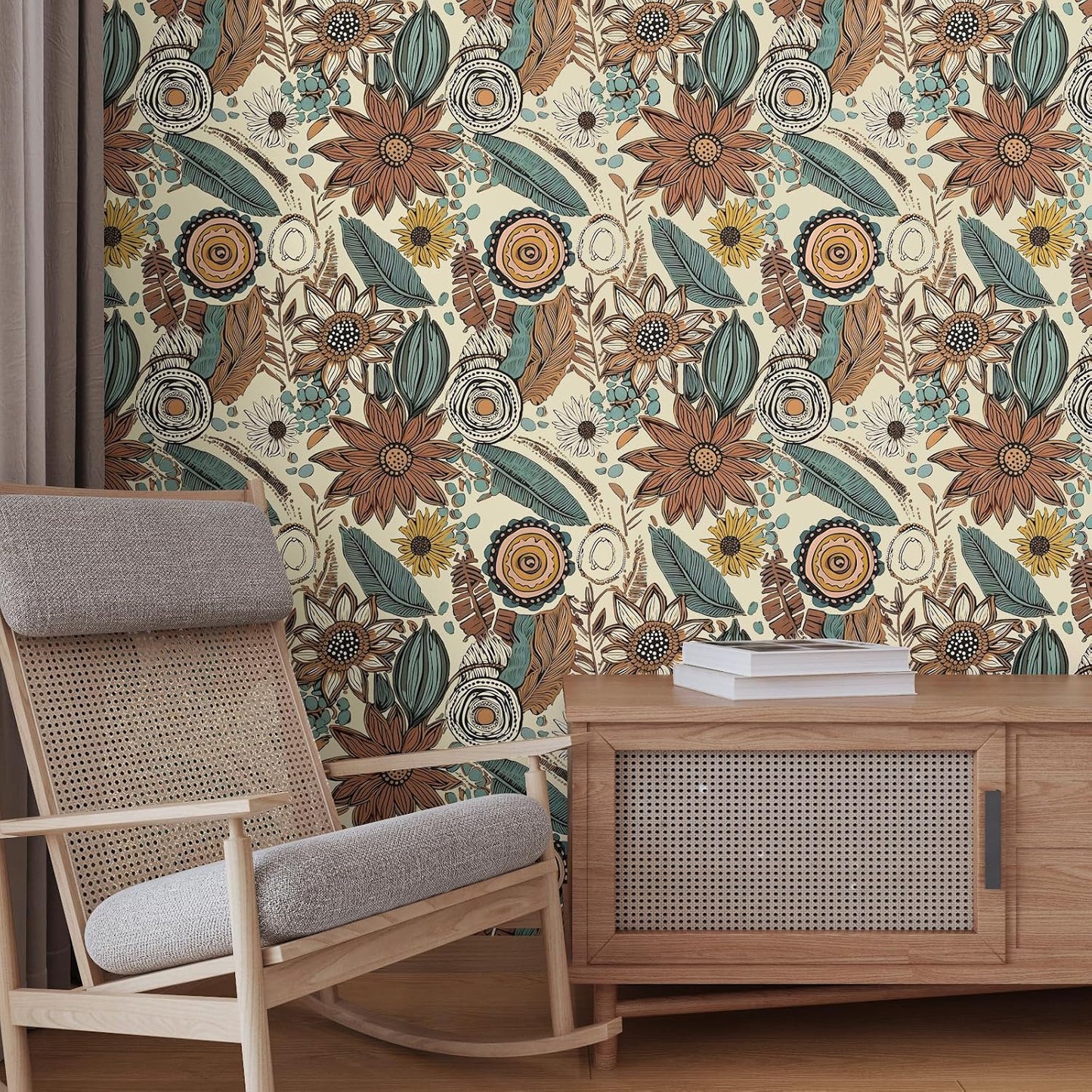 Blue Wallpaper Peel and Stick,Vintage Boho Floral Contact Paper 17.5" x 118", Retro Botanical Flower Wall Paper Self Adhesive Removable Waterproof for Walls Shelves Cabinet Table (Blue,Yellow, Green)