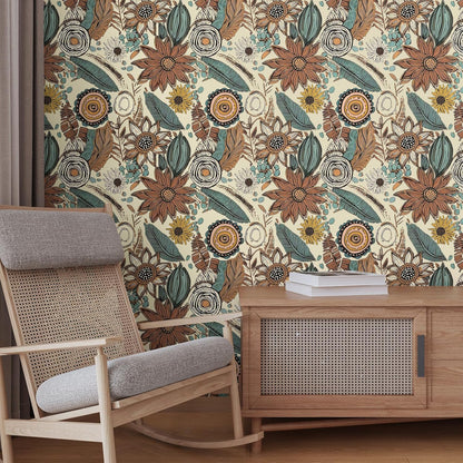 Blue Wallpaper Peel and Stick,Vintage Boho Floral Contact Paper 17.5" x 118", Retro Botanical Flower Wall Paper Self Adhesive Removable Waterproof for Walls Shelves Cabinet Table (Blue,Yellow, Green)
