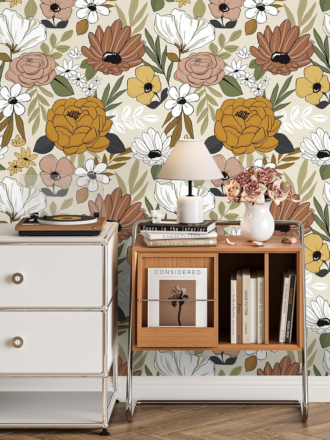 Floralplus Floral Wallpaper Peel and Stick Removable Wallpaper Boho Renter Friendly Dark Flower Wallpapers Contact Paper for Walls Cabinet Bedroom Bathroom Decor 17.5 in x 118 in