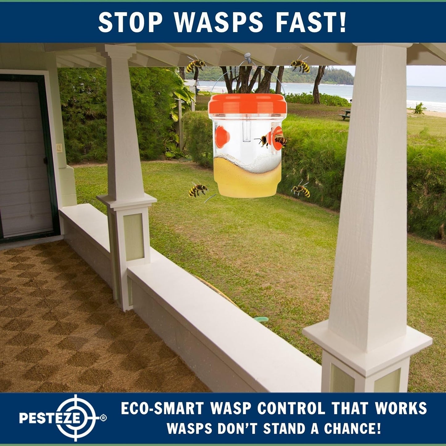 PESTEZE USA Reusable Solar Hanging Wasp Trap with LED Light [Orange: 3.5 x 4.4 Inch] Attracts, & Kills Wasp, Hornet, Yellow Jacket & Insect Species 24/7 Without Harsh Chemicals Waterproof Outdoor Trap