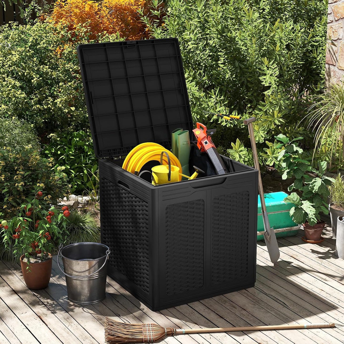 Tangkula 25 Gallon Waterproof Outdoor Storage Box with Lockable Lid | PP Resin, Wicker Patterned, Indoor Outdoor Use, Portable, Versatility, for Deck, Pool, Patio Cushions, Garden Tools