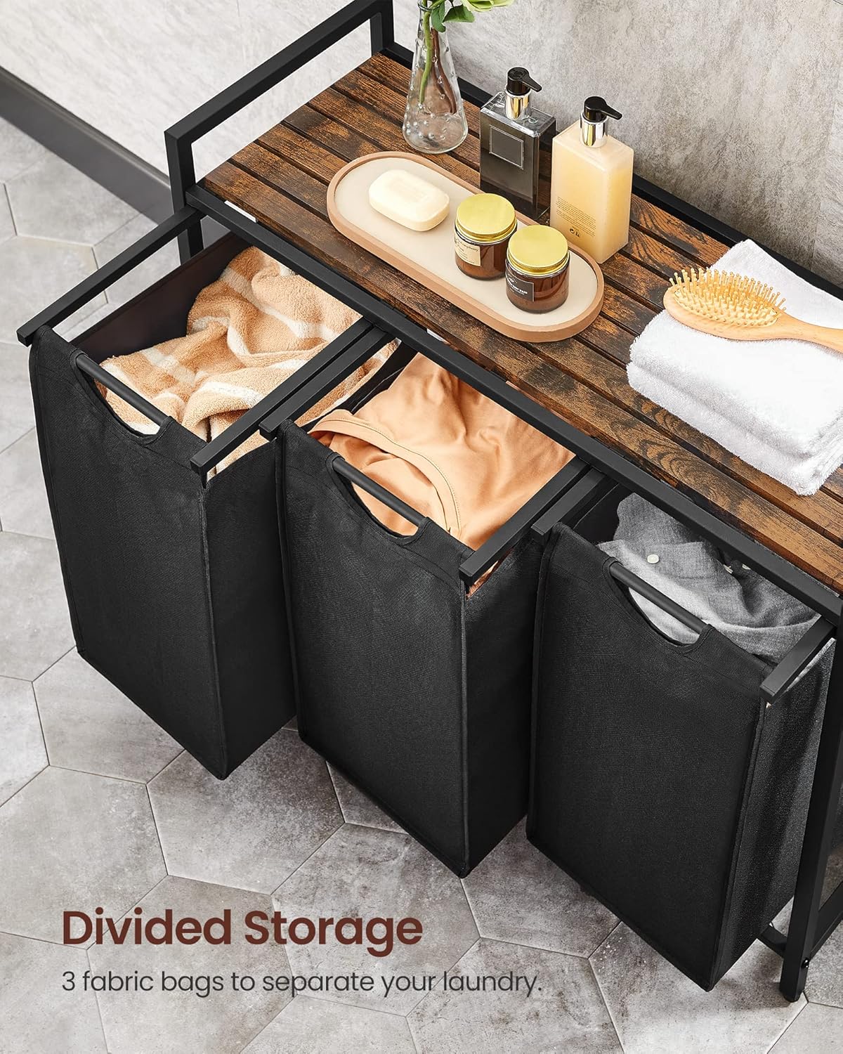 VASAGLE Laundry Hamper, Laundry Basket Sorter with 3 Pull-Out and Removable Bags, Shelf, Metal Frame, 3 x 10.6 Gallons (40 L), 36.4 x 13 x 28.4 Inches, Cappuccino Beige and Natural Beige UBLH301LH01