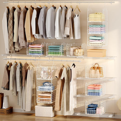 Sonyabecca 3-Tier Hanging Closet Organizers and Storage, Foldable Stackable Wire Basket Bins with 5 S Hooks, Space-Saving Hanging Closet Shelf for Clothing, Sweaters, Handbags, Hats,Purse