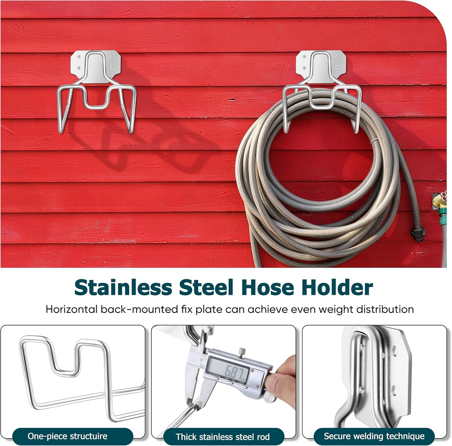 18/0 Stainless Steel Garden Hose Holder Hook, HaSteeL Metal Wall Mount Hanger For Outside Yard Water Vacuum Expandable Hose Extension Cords Storage, Rust Resistant, Hose Nozzle Groove (1 Pack)