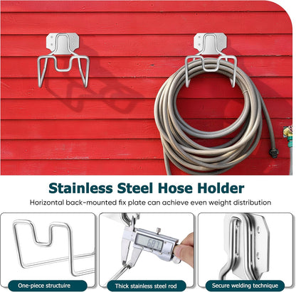 18/0 Stainless Steel Garden Hose Holder Hook, HaSteeL Metal Wall Mount Hanger For Outside Yard Water Vacuum Expandable Hose Extension Cords Storage, Rust Resistant, Hose Nozzle Groove (1 Pack)