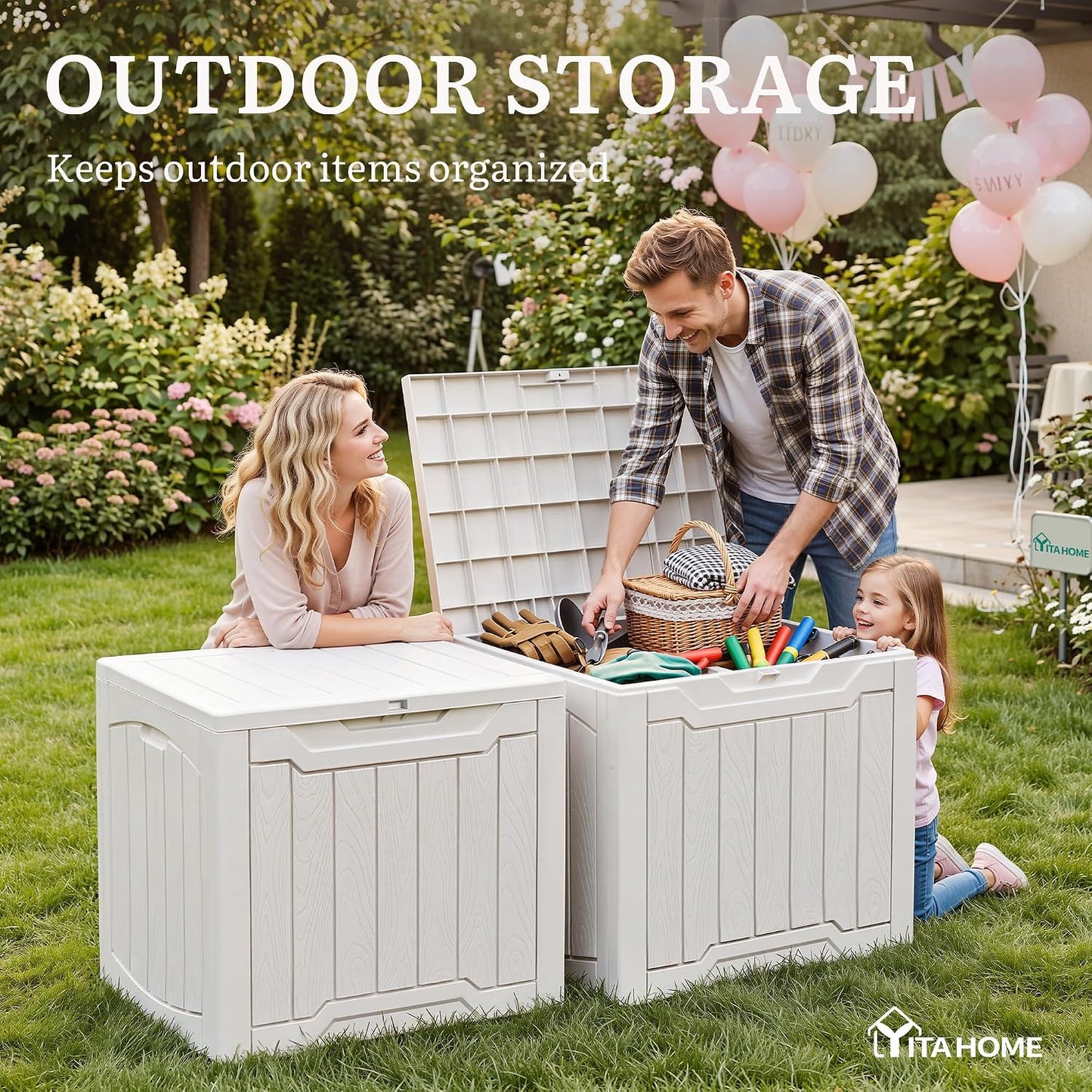 YITAHOME 134 Gallon Large Deck Box | Waterproof Resin Outdoor Storage Box with Lock, Doubles as 2-Person Bench Seating for Patio Furniture Cushions,Garden Tools &