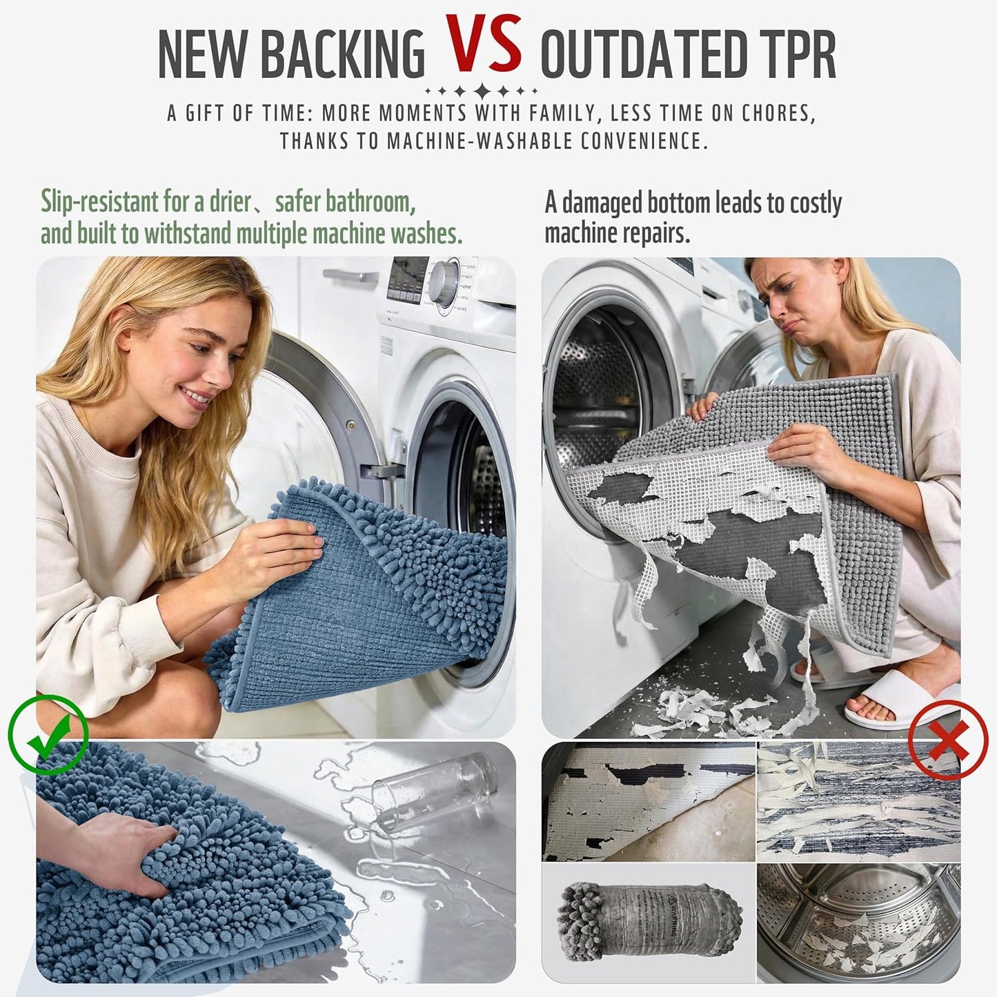 Yimobra Bathroom Rugs Non Slip Washable - Ultra Soft Absorbent Chenille Bath Mat, Quick Dry Shaggy Floor Carpet for Tub Shower, Gray Home Decor Accessories, 24x17 Inch