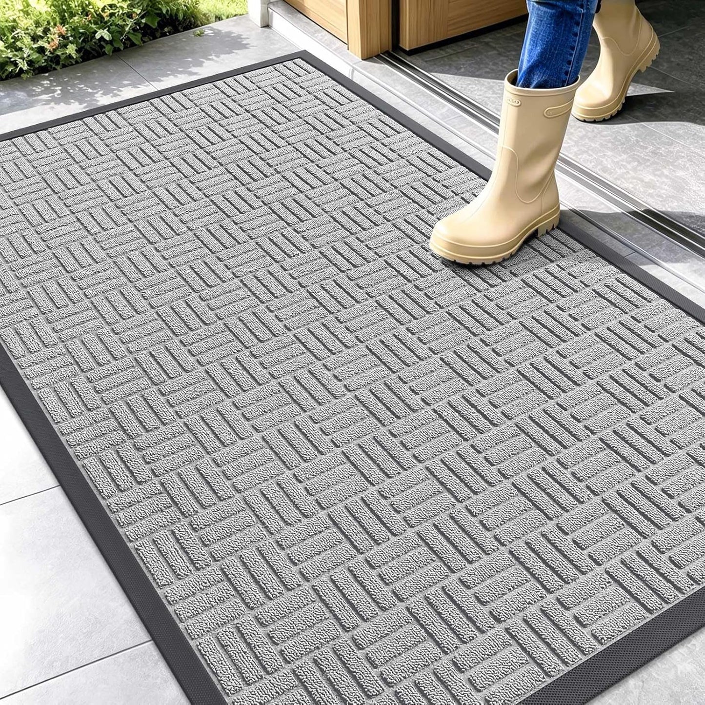 OLANLY Front Door Mat Outside Entrance 29.5x17, Absorbent, Heavy Duty Sturdy Natural Rubber Doormat Indoor Outdoor, Stain and Fade Resistant, Non-Slip Backing Low Profile Floor Mat for Entryway, Grey