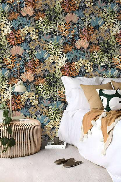 Wallpaper Peel and Stick Floral Wall Paper Removable Waterproof Navy/Pink/Orange Contact Paper for Bedroom, Bathroom,Bathroom, Home Wall 17.3" x 118"