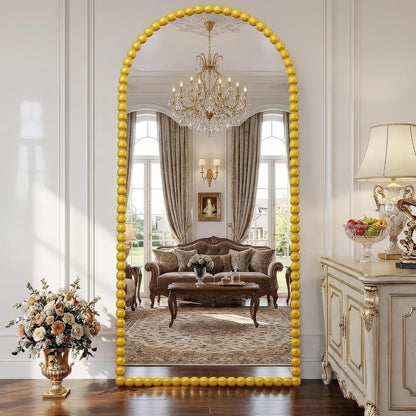 Antok 58" x 21" Arched Full Length Mirror, Antique Beaded Frame Floor Standing or Wall Mounted Mirror with Stand for Bedroom, Entryway, Brown, Luxury Style