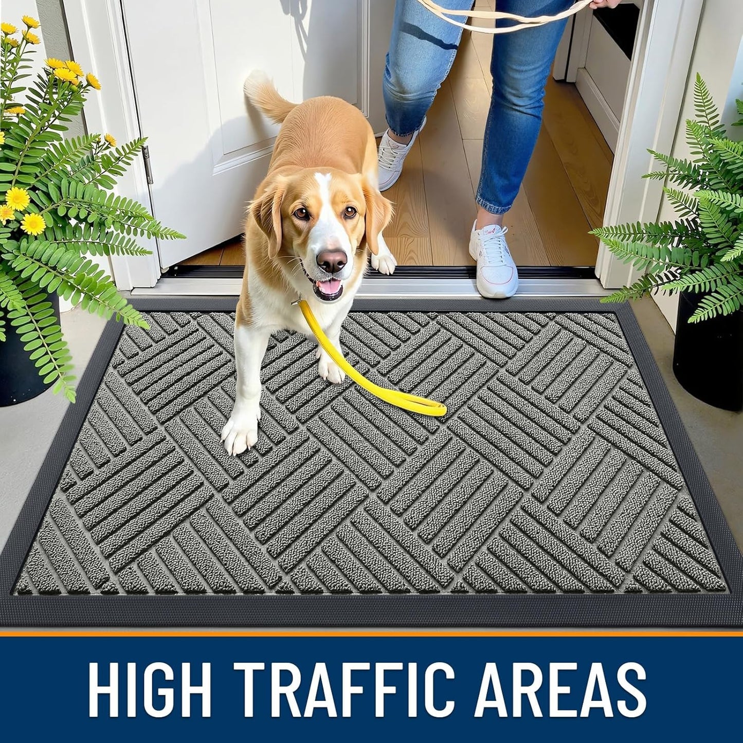 OLANLY Front Door Mat Outside Entrance 29.5x17, Absorbent, Heavy Duty Sturdy Natural Rubber Doormat Indoor Outdoor, Stain and Fade Resistant, Non-Slip Low Profile Floor Mat for Entryway, Grey Diamond