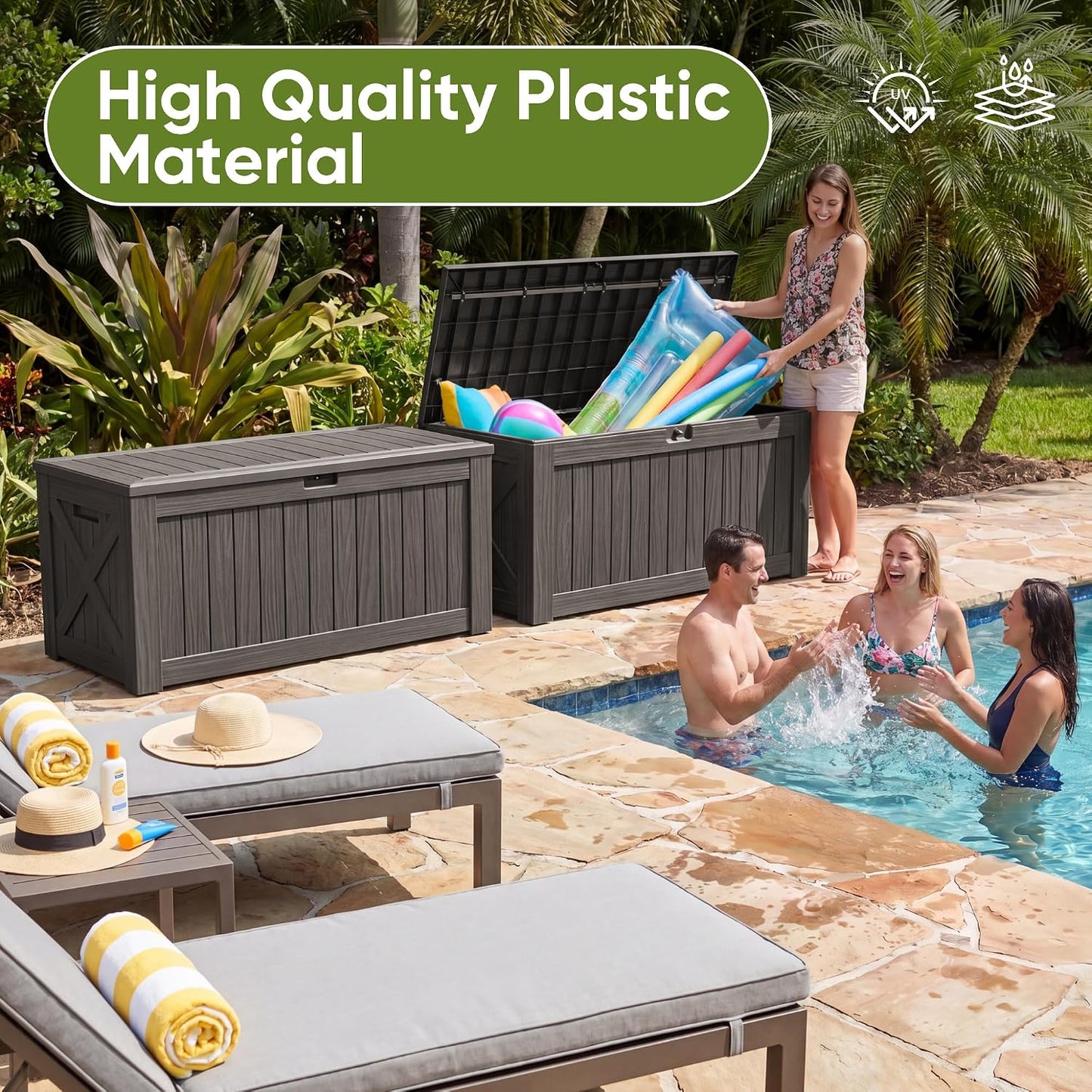Flamaker Resin Deck Box 120 Gallon Waterproof Large Outdoor Indoor Storage Box Imitation Wood Resin for Patio Furniture Garden Tools and Pool (Black)