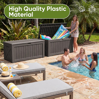 Flamaker Resin Deck Box 120 Gallon Waterproof Large Outdoor Indoor Storage Box Imitation Wood Resin for Patio Furniture Garden Tools and Pool (Black)