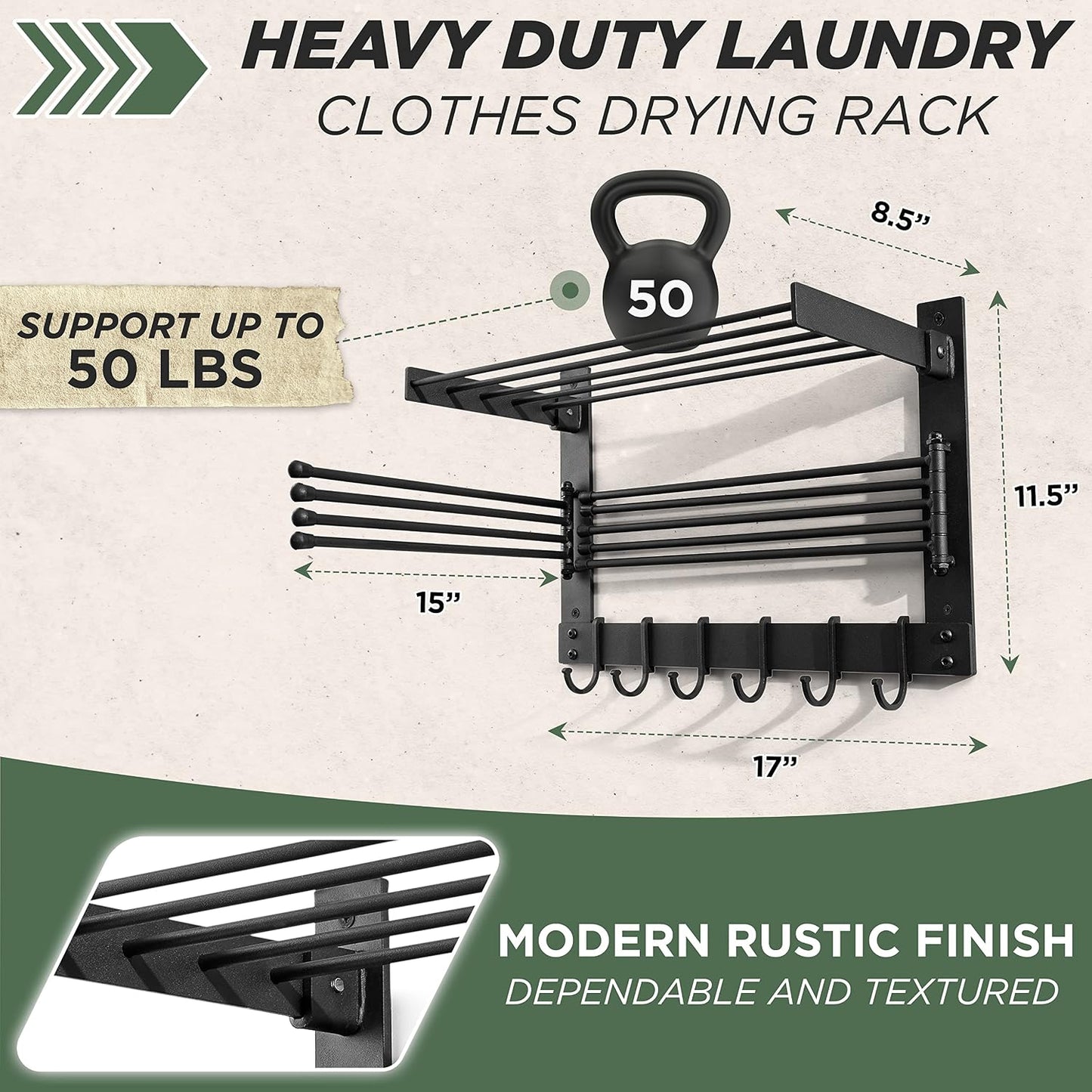 BATODA Wall-Mounted Steel Clothes Drying Rack - Swivel Towel Hanger for Laundry Room & Bathroom - Space Saver (Steel)