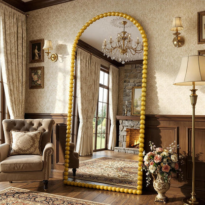 Antok 58" x 21" Arched Full Length Mirror, Antique Beaded Frame Floor Standing or Wall Mounted Mirror with Stand for Bedroom, Entryway, Brown, Luxury Style
