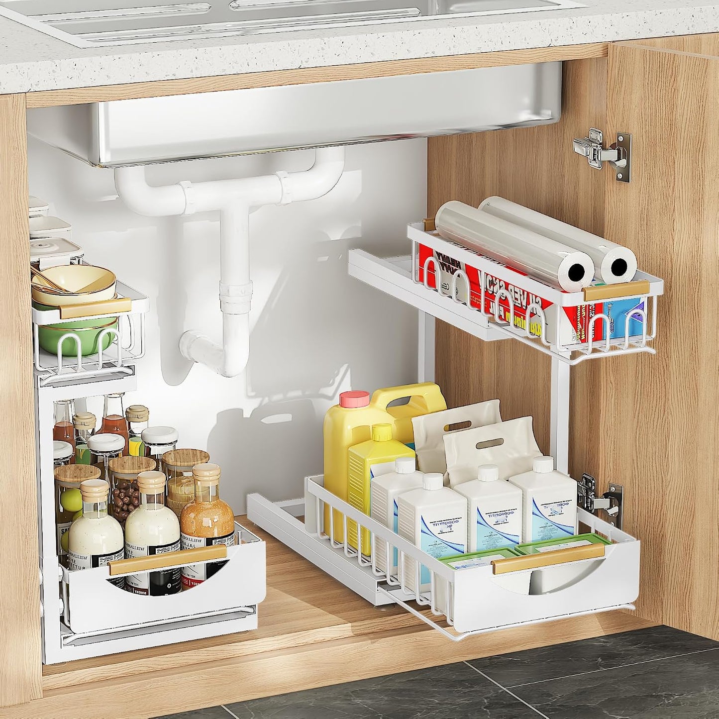 Under Sink Organizer and Storage for Bathroom and Kitchen - 2 Pack 3 Tier Under Cabinet Pull Out Shelf Organizers - Slide Out Drawer Organization for Home Cabinets Shelves and Drawers
