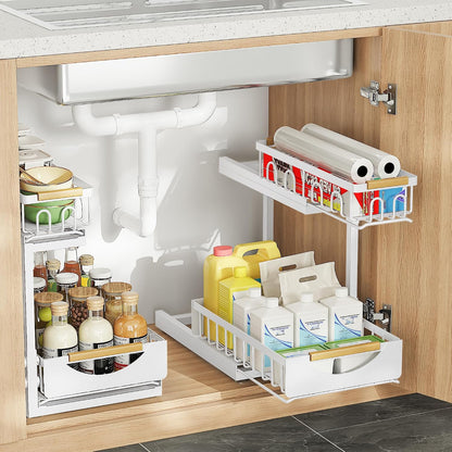 Under Sink Organizer and Storage for Bathroom and Kitchen - 2 Pack 3 Tier Under Cabinet Pull Out Shelf Organizers - Slide Out Drawer Organization for Home Cabinets Shelves and Drawers