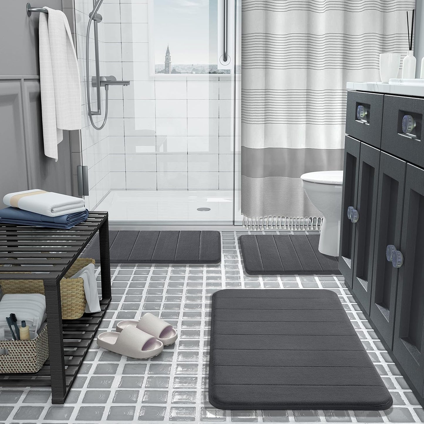Yimobra Memory Foam Bath Mat, Super Soft Absorbent Bathroom Rug Non Slip, Quick Dry, Machine Washable Floor Carpet for Tub Shower, Home Decor Accessories, 24x17, Grey