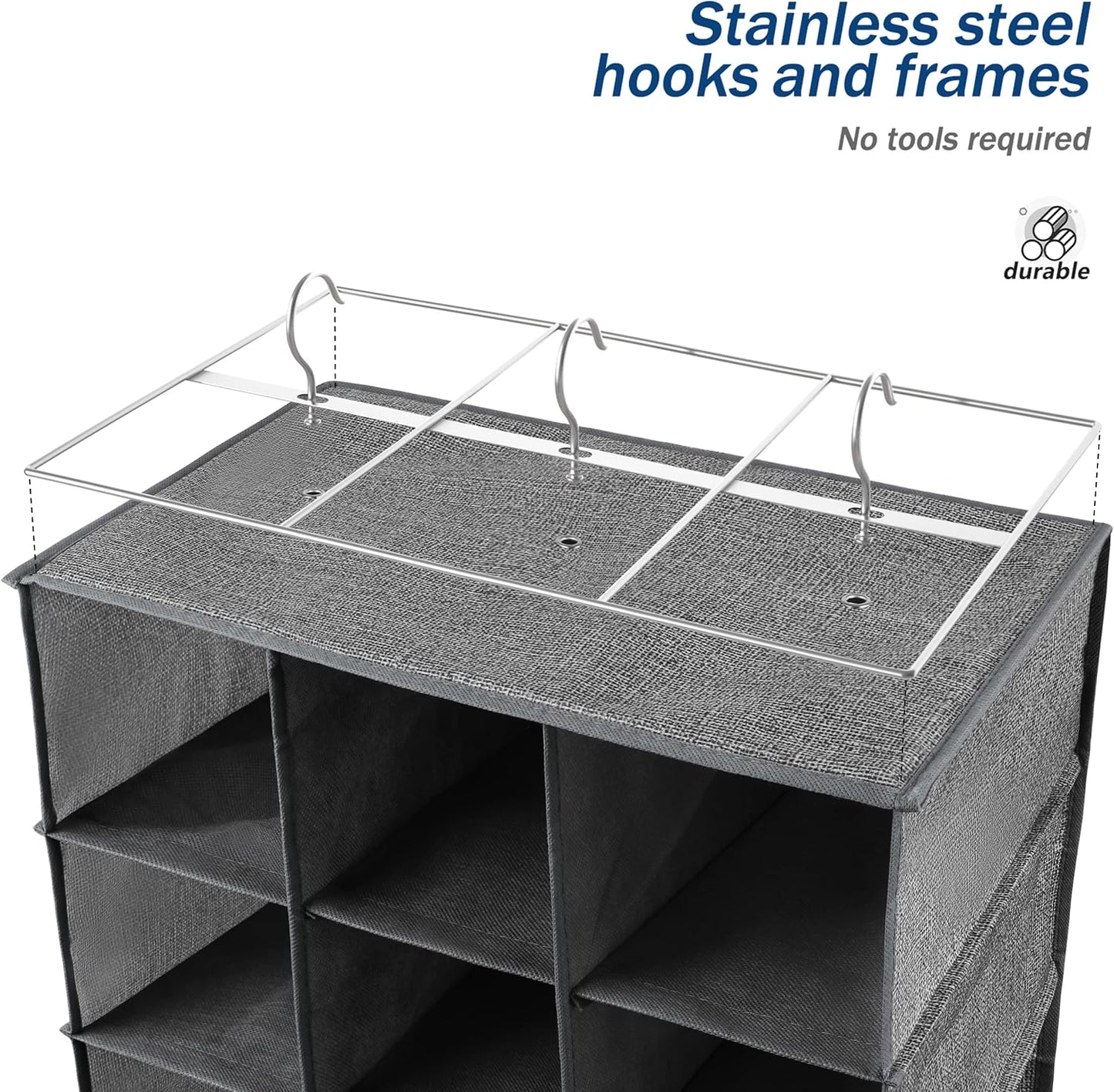 Libeder Shoe Organizer for Closet, 15 Shelf Hanging Closet Storage Shelves - 10 Shoe Rack Organizer and 5 Compartment for Clothes with 6 Side Mesh Pockets for Scarves Socks,Gloves, Grey