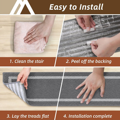COSY HOMEER Soft Stair Treads Non-Slip Carpet Mat 28inX9in Indoor Stair Runners for Wooden Steps, Stair Rugs for Kids and Dogs, 100% Polyester TPE Backing 4pcs, Grey