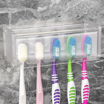 5 Slots Wall Mount Toothbrush Holder with Cover, Self Adhesive Toothbrush Storage Organizer for Shower, Toothbrush Hanger with Automatic Toothpaste Squeezer Dispenser