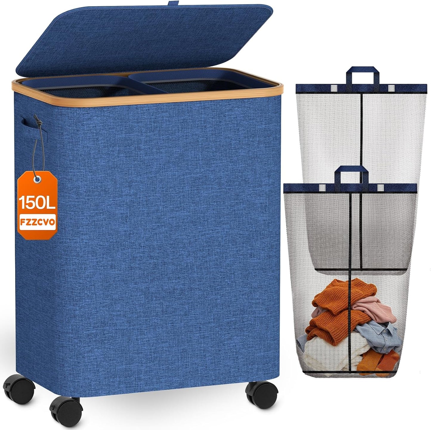 Double Laundry Hamper with Lid and Wheels, 150L Large Laundry Basket with 2 Sections & Removable Liner Bags, Rolling Dirty Clothes Basket with Handles for Bedroom, Bathroom, Dorm, College