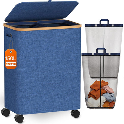 Double Laundry Hamper with Lid and Wheels, 150L Large Laundry Basket with 2 Sections & Removable Liner Bags, Rolling Dirty Clothes Basket with Handles for Bedroom, Bathroom, Dorm, College