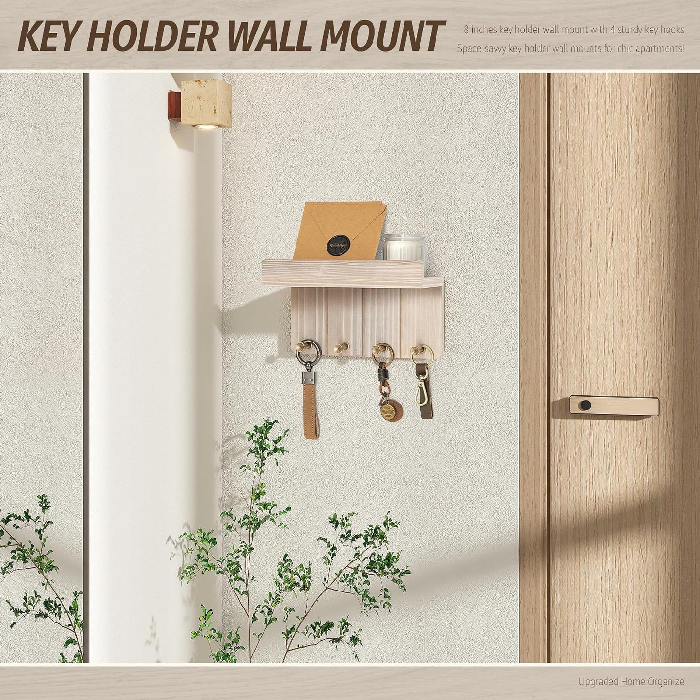 Rebee Vision Small Key Holder Wall Mount for Farmhouse Decor - Key and Mail Holder for Wall with Shelf and 4 Key Hooks - Room Decor Aesthetic (Distressed Blue)