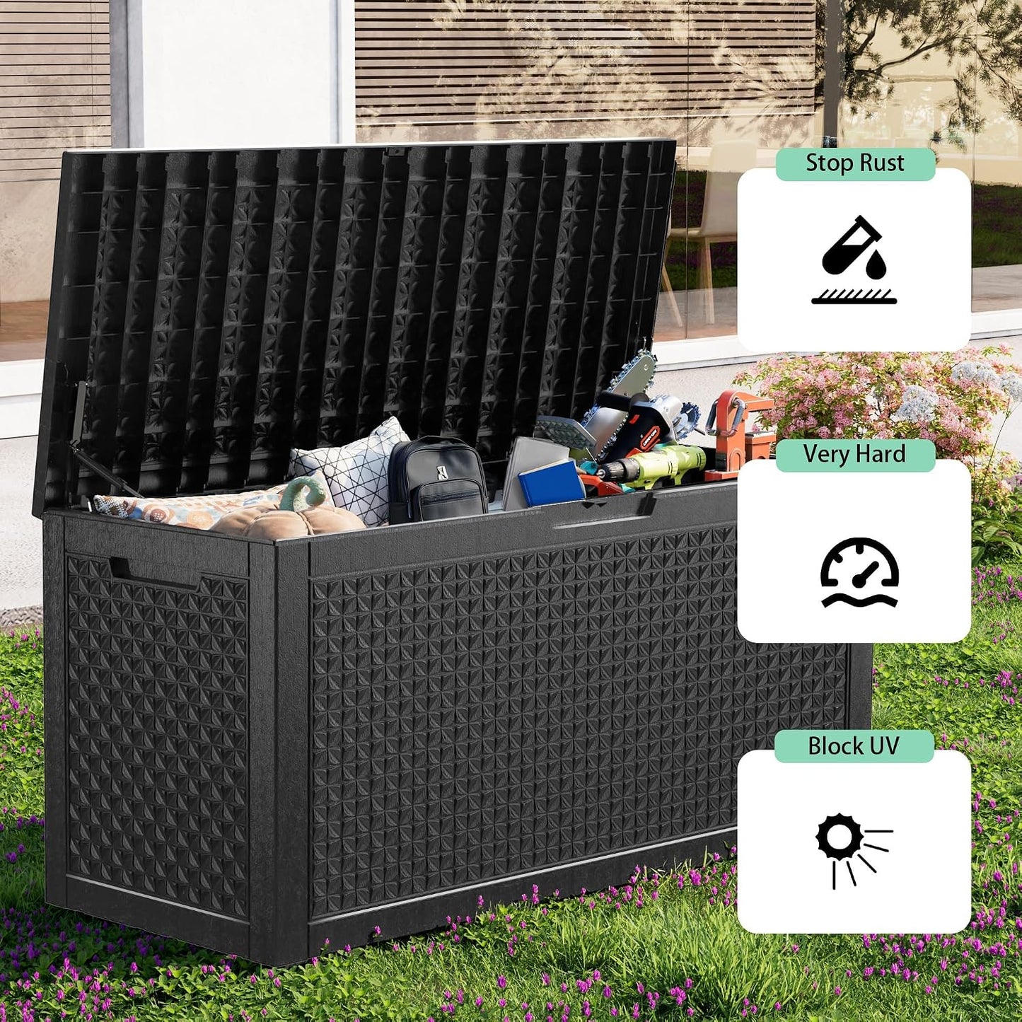 230 Gallon Large Outdoor Storage Box Waterproof, UV Resistant Resin Deck Box with Hydraulic Rod & Lockable Latch for Patio Furniture, Outside Storage Box for Garden Tools, Patio Cushions, Black