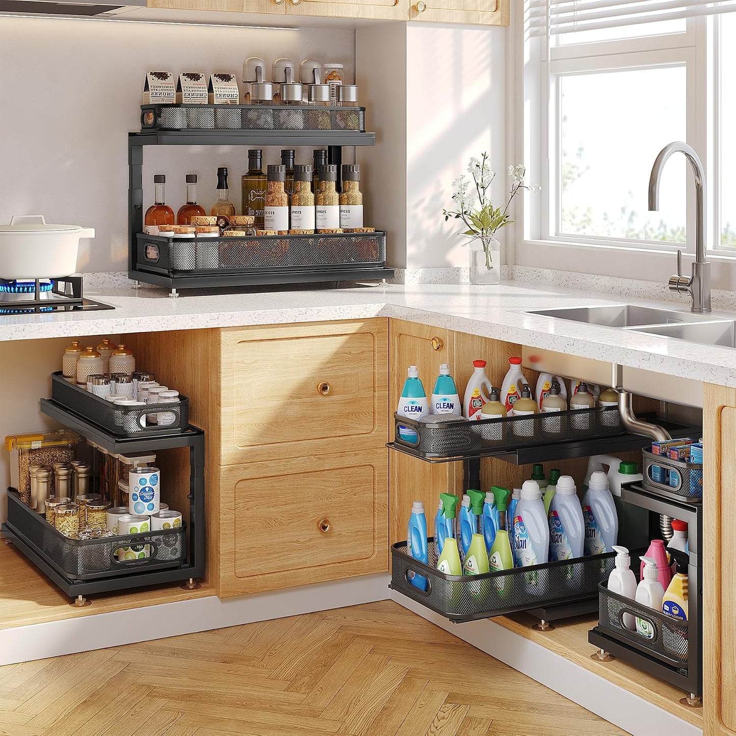 2-Pack Under Sink Storage Organizer with 2-Tier Slide Out Drawer, Sophisticated Mesh Pull Out Shelf for Kitchen & Bathroom, Fits Small Items, Upgraded Arched Track for Smooth Gliding(Patented)