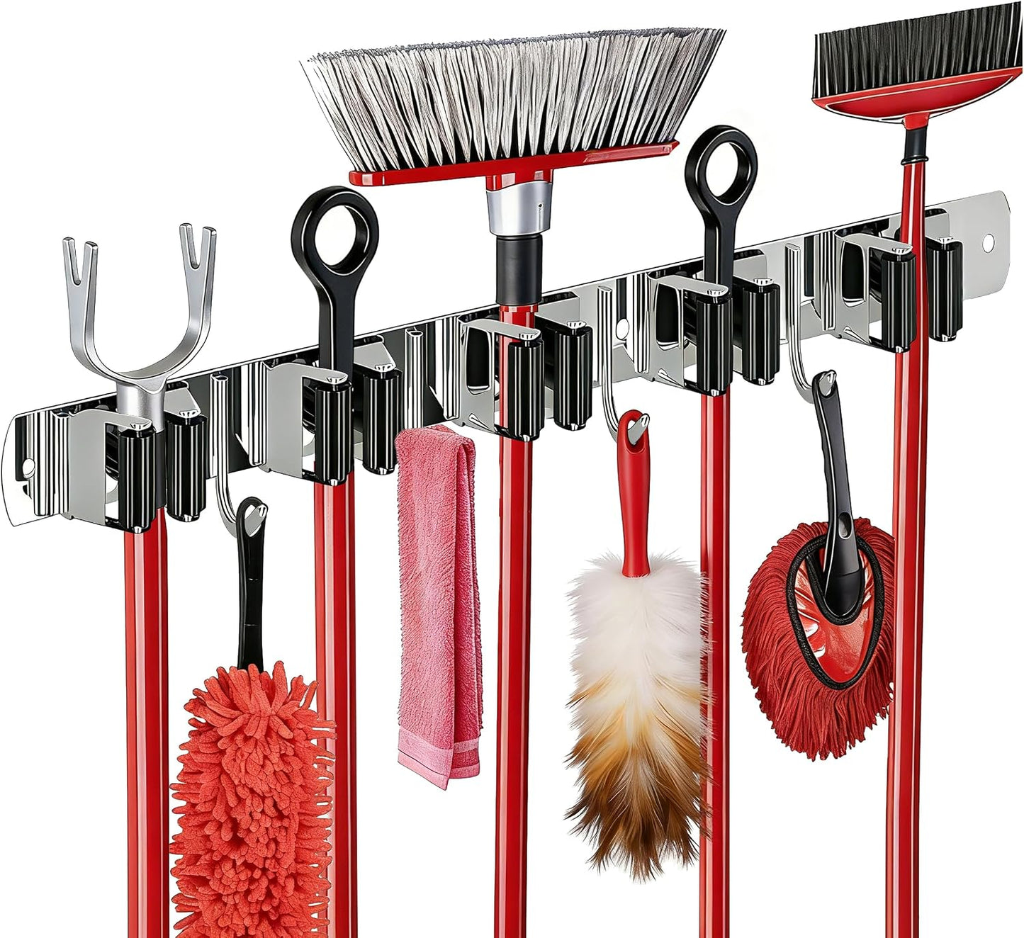 SUS304 5 Racks and 4 Hooks Mop and Broom Holder Wall Mount | Heavy Duty Self Adhesive Solid Non-slip Broom Organizer Storage Tool Racks for Home Kitchen Garden Laundry Garage