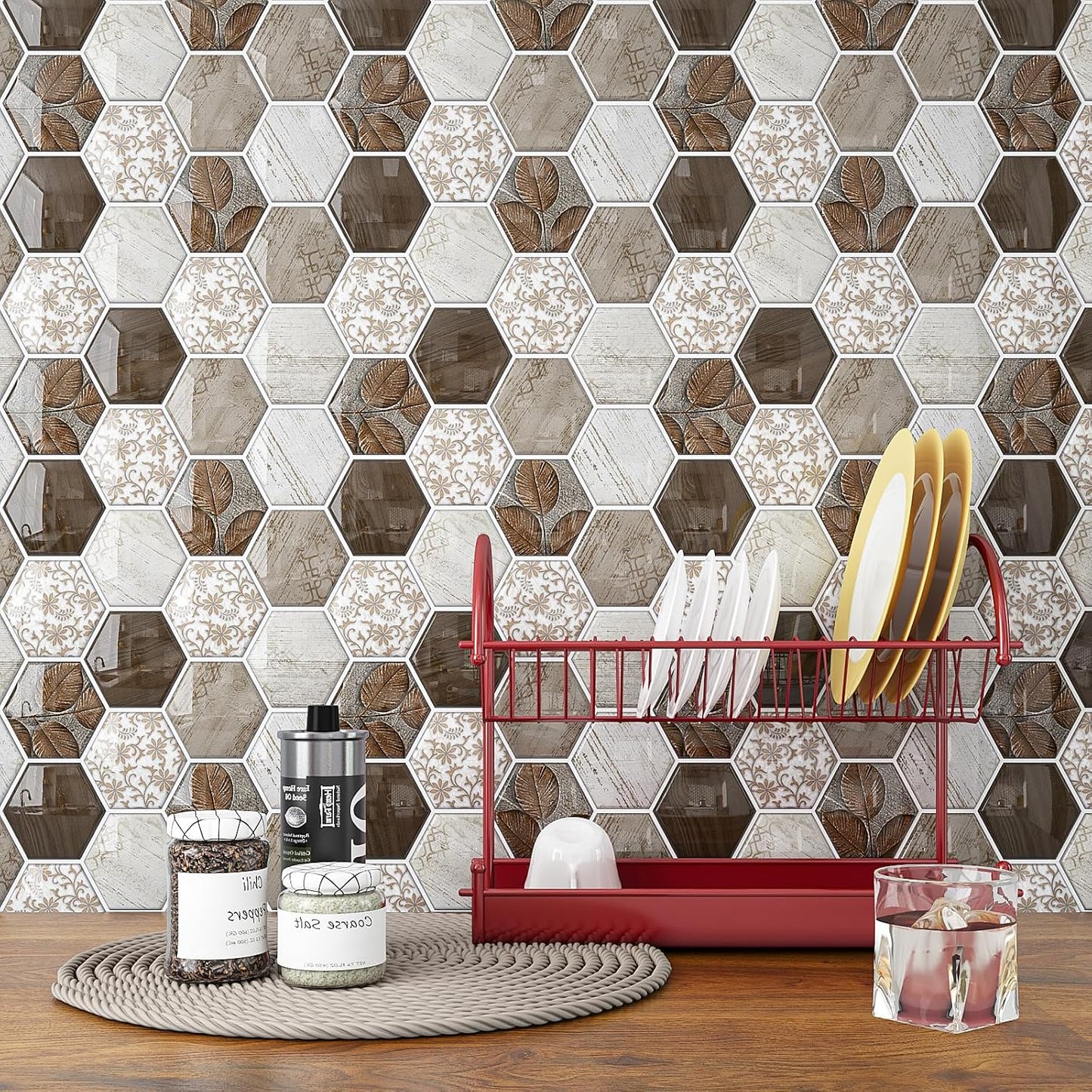 VEELIKE Boho Hexagon Peel and Stick Backsplash Tile Decals 6-Sheets Adhesive Waterproof Stick on Backsplash for Kitchen Bathroom 12''x12'' Temporary Wall Tile Stickers for Renters Laundry Fireplace