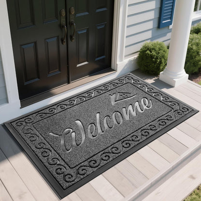 Yimobra Welcome Mat, Heavy Duty Sturdy Door Mats for Home Entrance Outdoor Indoor, Front Doormat for Outside Patio Floor Entry Porch Garage Office, Waterproof, Low Profile, 29.5x17, Black Grey