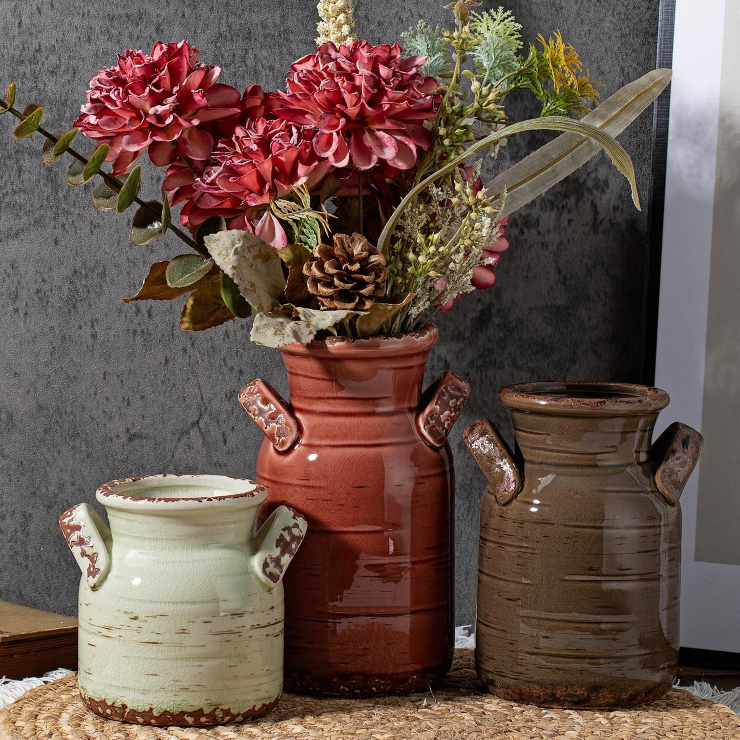 Ceramic Vase Set of 3 with Handles, Green White Neutral Rustic Modern Farmhouse Boho Decor, Versatile as Table Centerpiece or Mantel & Shelf Accent - Unique Home Gift Idea