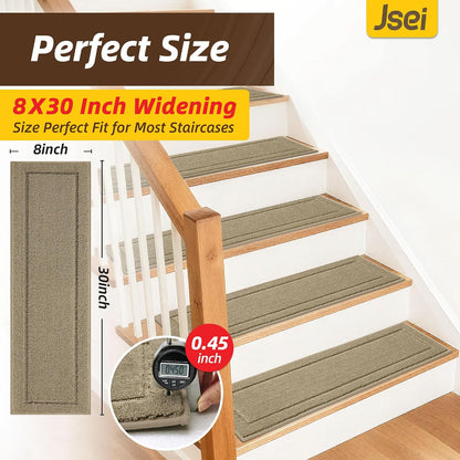 JSEI Stair Treads for Wooden Steps Indoor, 15-Pack Non Slip Stair Treads 30" x 8", Washable Polyester Stair Mats with TPE Backing, Low Profile Stair Rugs for Kids, Seniors and Dogs, Brown