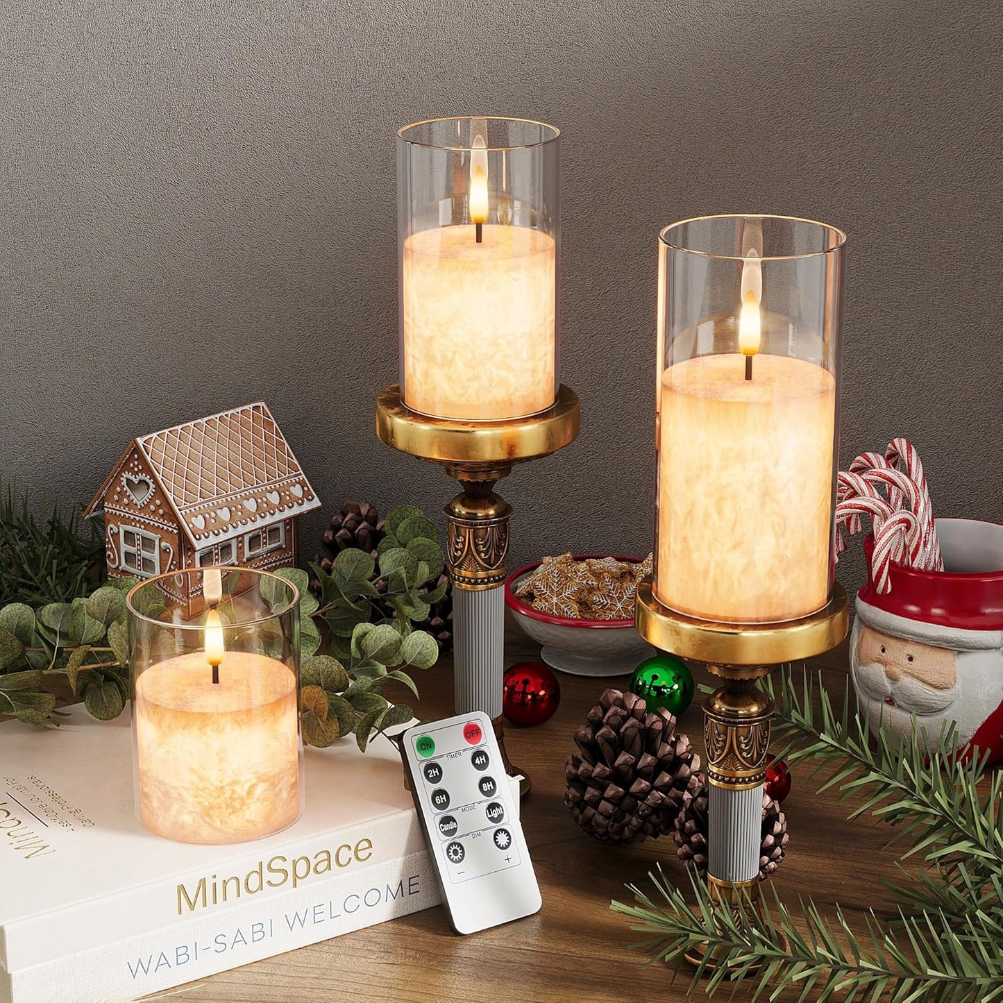 VIODAIM Ice Crystal Real Wax Glass Flameless Candles with Remote & Timer, Battery Operated Candles with Warm Flickering Flame, Realistic LED Candle for Wedding Home Decor [D3×H4/5"/6"] Gold, 3Pack