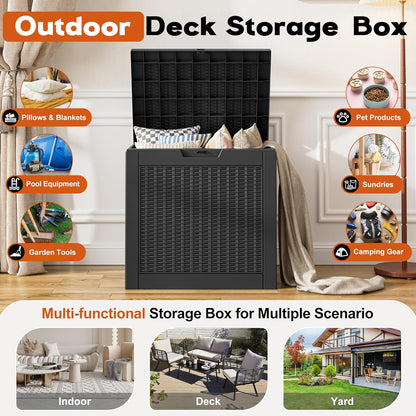 Outdoor Storage Box, Resin Deck Boxes Indoor and outdoor, Waterproof Storage Box Lockable Lid (Black, 85 Gallon)