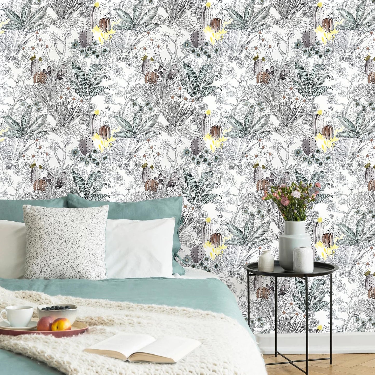 Wudnaye Boho Peel and Stick Wallpaper Catus Wallpaper 17.7" x 118.1"Vintage Floral Wallpapers Peel and Stick Botanical Removable Wall Paper Boho Self Adhesive Contact Paper for Bathroom Cabinets