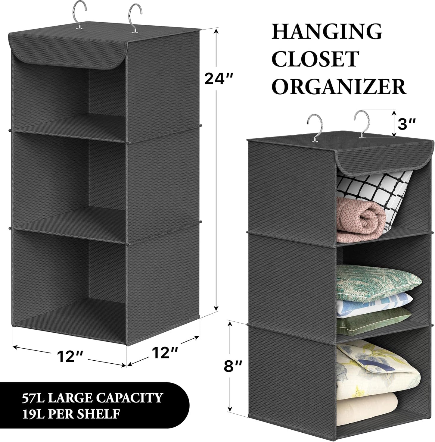 Simple Houseware 3-Shelf Hanging Closet Organizer, Fabric Storage Shelves with 57L Capacity, Black