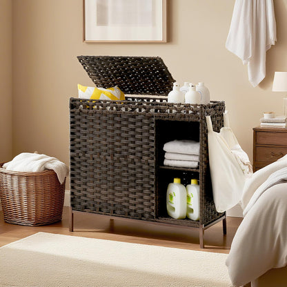 Gitelsnour Laundry Hamper with Lid, 110L (29.1 Gal) Rattan Laundry Hamper 2 Section with 50L (13.2 Gal) Storage Shelf, Wicker Woven Laundry Sorter Basket with 3 Liner Bags and Handles, Brown GLH002BR