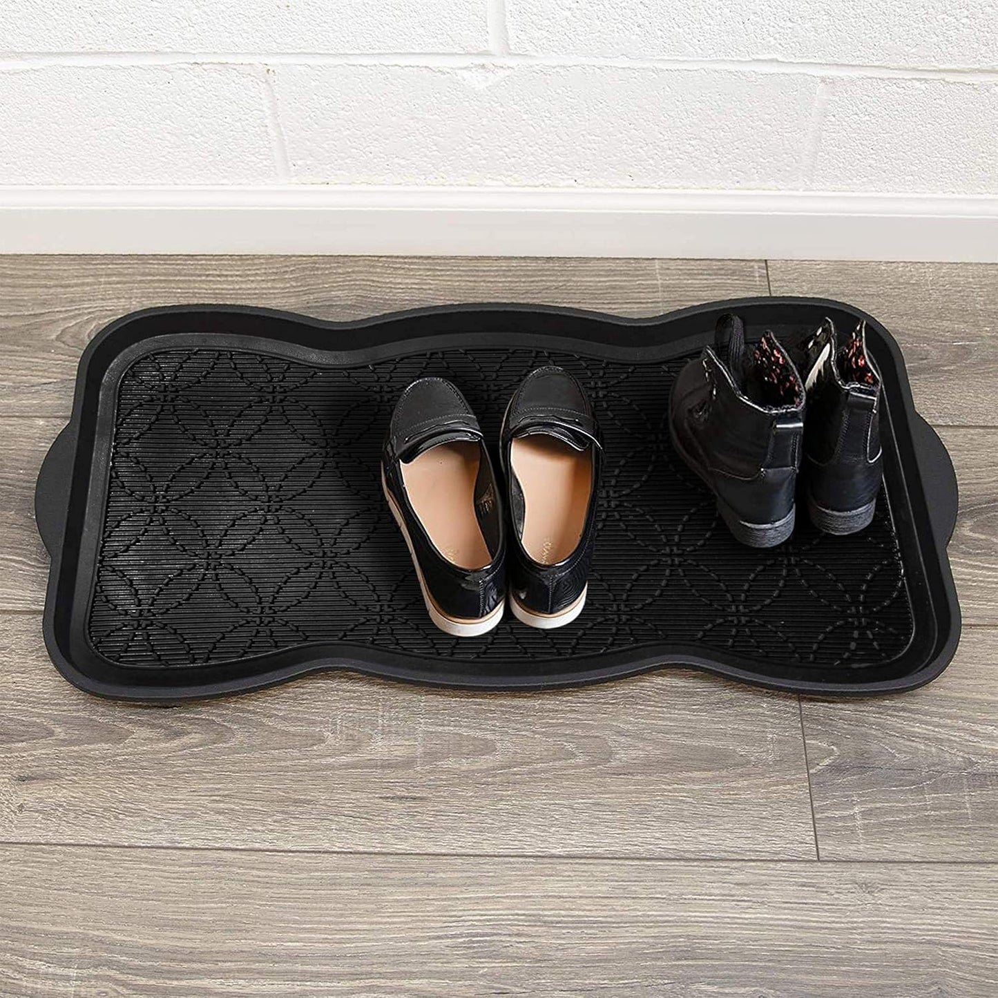A1HC Heavy Duty Flexible and Durable 100% Rubber Hello Triangle Boot Trays Multi-Purpose for Shoes, Pets, Garden - Mudroom, Entryway, Garage and Scraper Doormat 21.6" X 21.6"
