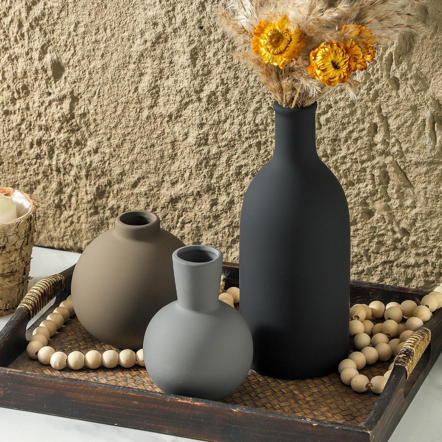 Ceramic Vase Set of 3, Decorative Vases Home Decor Modern Neutral Flower Pampass Boho Vase for Living Room, Table, Mantel, Entryway, Bookshelf, Kitchen, Bedroom, Bathroom - White