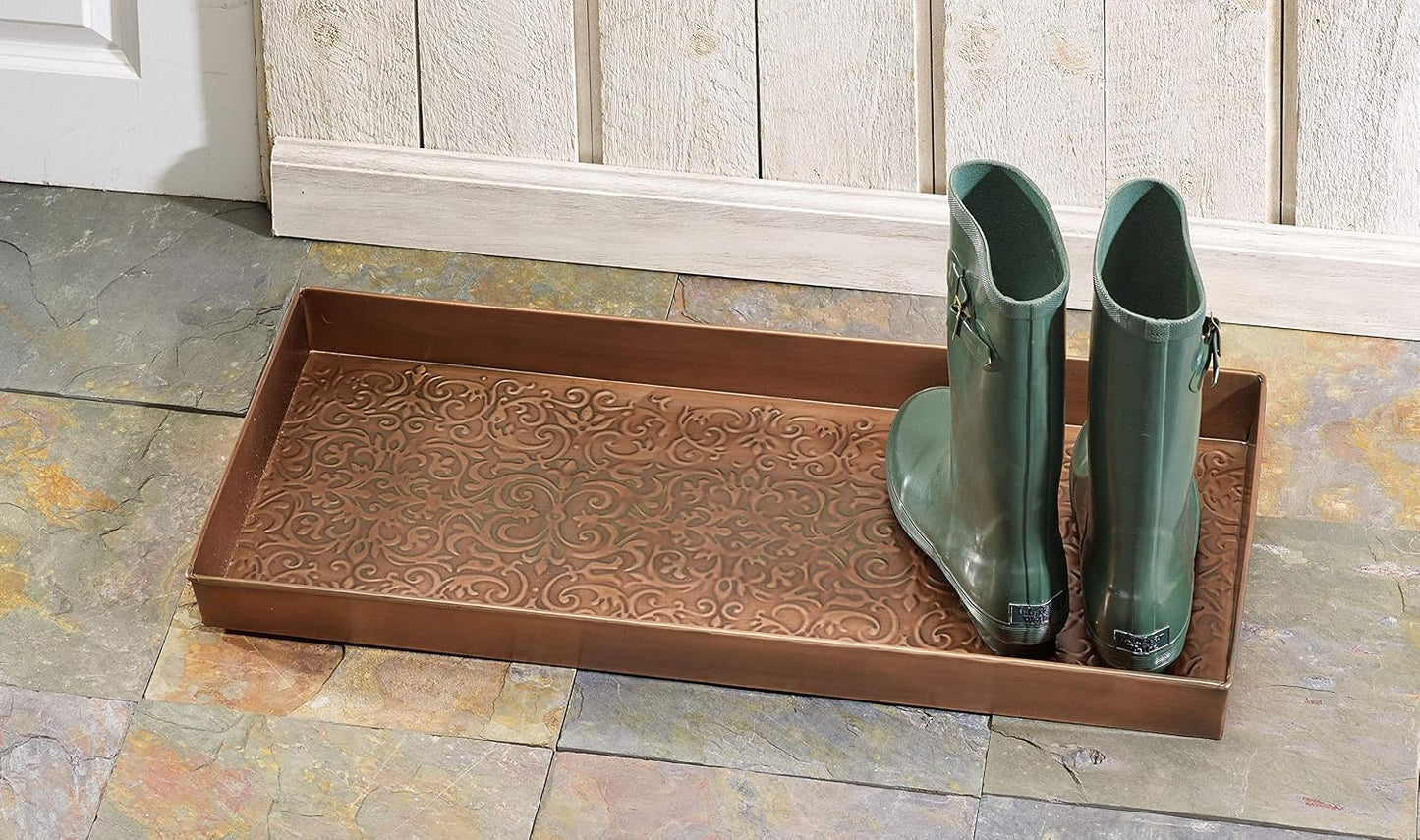 HF by LT Birch Forest Pattern Metal Boot Storage Tray, 30 x 13 inches, Antique Copper Finish