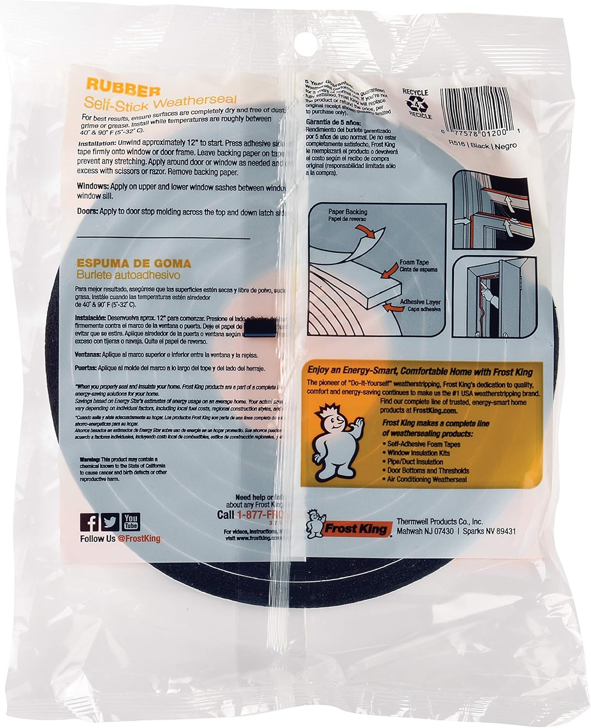 Frost King R338H Self-Stick Rubber Foam Weatherseal, 3/8"W, 3/16"T, Black|Blacks