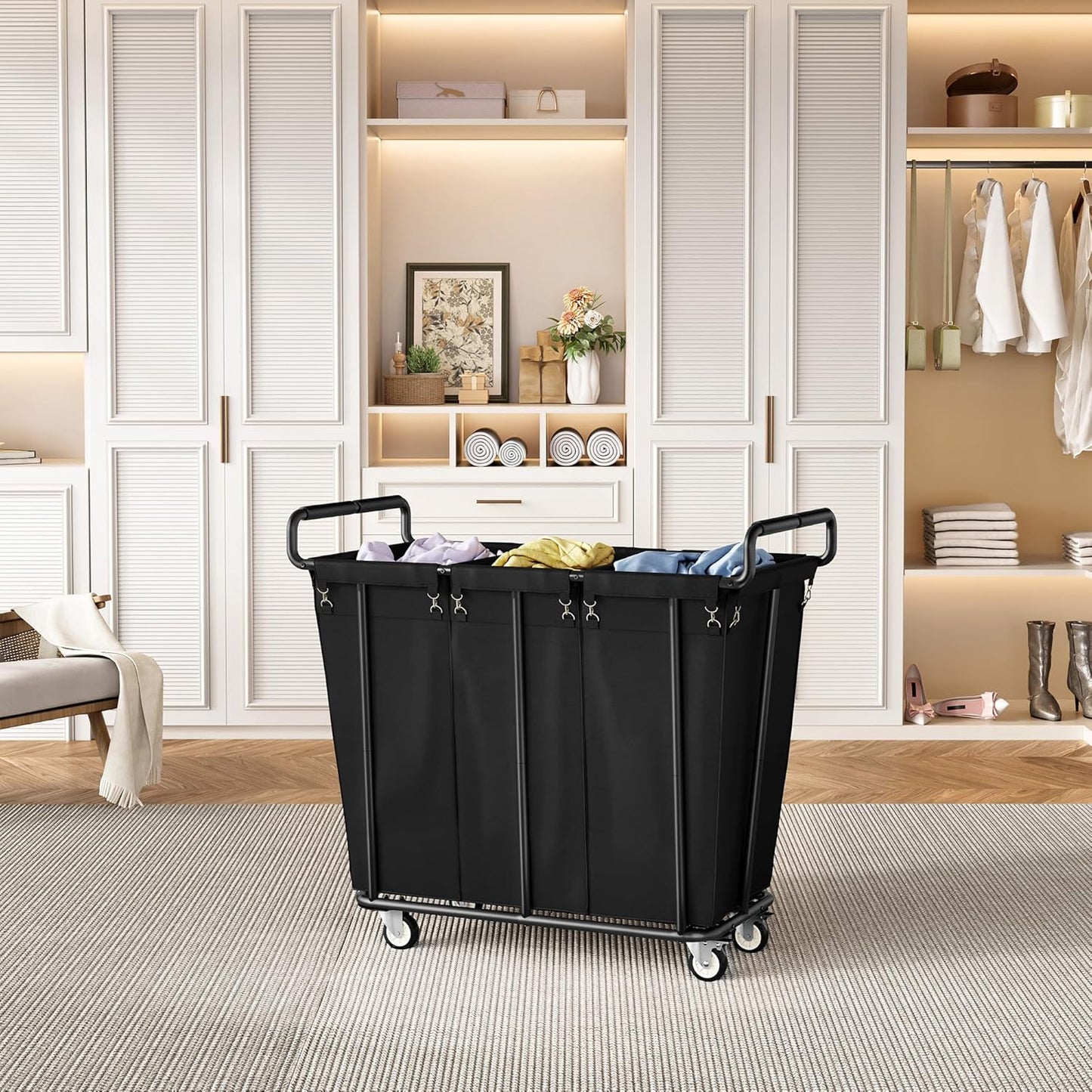 Gewudraw Large laundry hamper with Wheels, 3 Bag Big Rolling Laundry Hamper Sorter Cart, Extra Large Laundry Clothes Hamper, Heavy Duty Laundry Basket Organizer for Laundry Room,Bathroom,Black