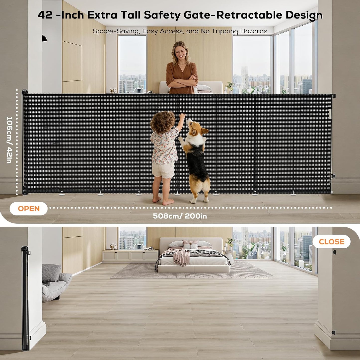 Retractable Baby Gate for Stairs, 42" Tall X 200" Wide Mesh Dog Gate Indoor, Child Gate for Doorways, Hallways, Deck, Indoor Outdoor Pet Baby Safety Essentials for Home, Black