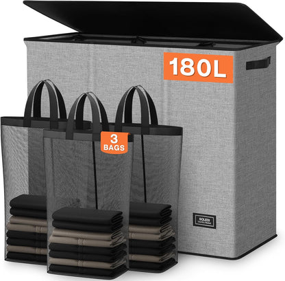 SOLEDI 180L Laundry Hamper 3 Section, Extra Large Laundry Hamper with Lid, Dirty Clothes Hamper with Sturdy Handle, Large Laundry Basket Organizer for Laundry Room, Bedroom, Hampers for Laundry