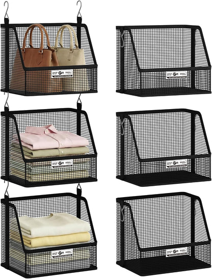 STORAGE MANIAC 3 Tier Hanging Closet Organizer with Mesh Baskets, Clothes Hanging Shelves, Foldable Stackable Storage, Space-Saving Collapsible Basket with Hooks for RV, Dorm, Bedroom, College, Black