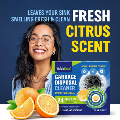 WoldoClean Garbage Disposal Cleaner and Deodorizer Tablets - 24 Pack, Foaming Sink Drain Cleaner & Odor Eliminator, Fresh Citrus Scent, 1 Year Kitchen Cleaning Supply