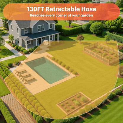 Ayleid Retractable Rubber Hybrid Garden Hose Reel, 1/2"x100ft Wall Mount | Anti-freeze, kink-free premium rubber hybrid hose, 24-month warranty, 9-pattern sprayer, any-length lock, slow auto-return.